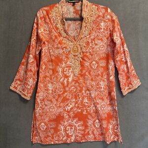 Key Lime & Pink Beaded Tunic Top Size S Orange Beachy Resort Coastal Celestial